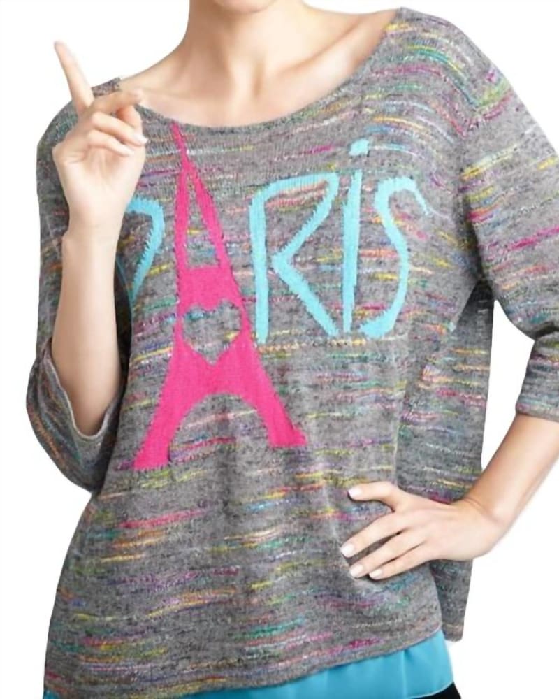 Front of a model wearing a size LG Paris Melange Back Button Sweater in Gray Multi in Gray Multi by ANGEL. | dia_product_style_image_id:327663